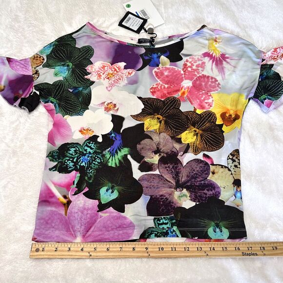 Cristinaeffe Women's Floral Lilac Short Sleeve Stretch Top Blouse Sz 42/6 Italy - Picture 11 of 14